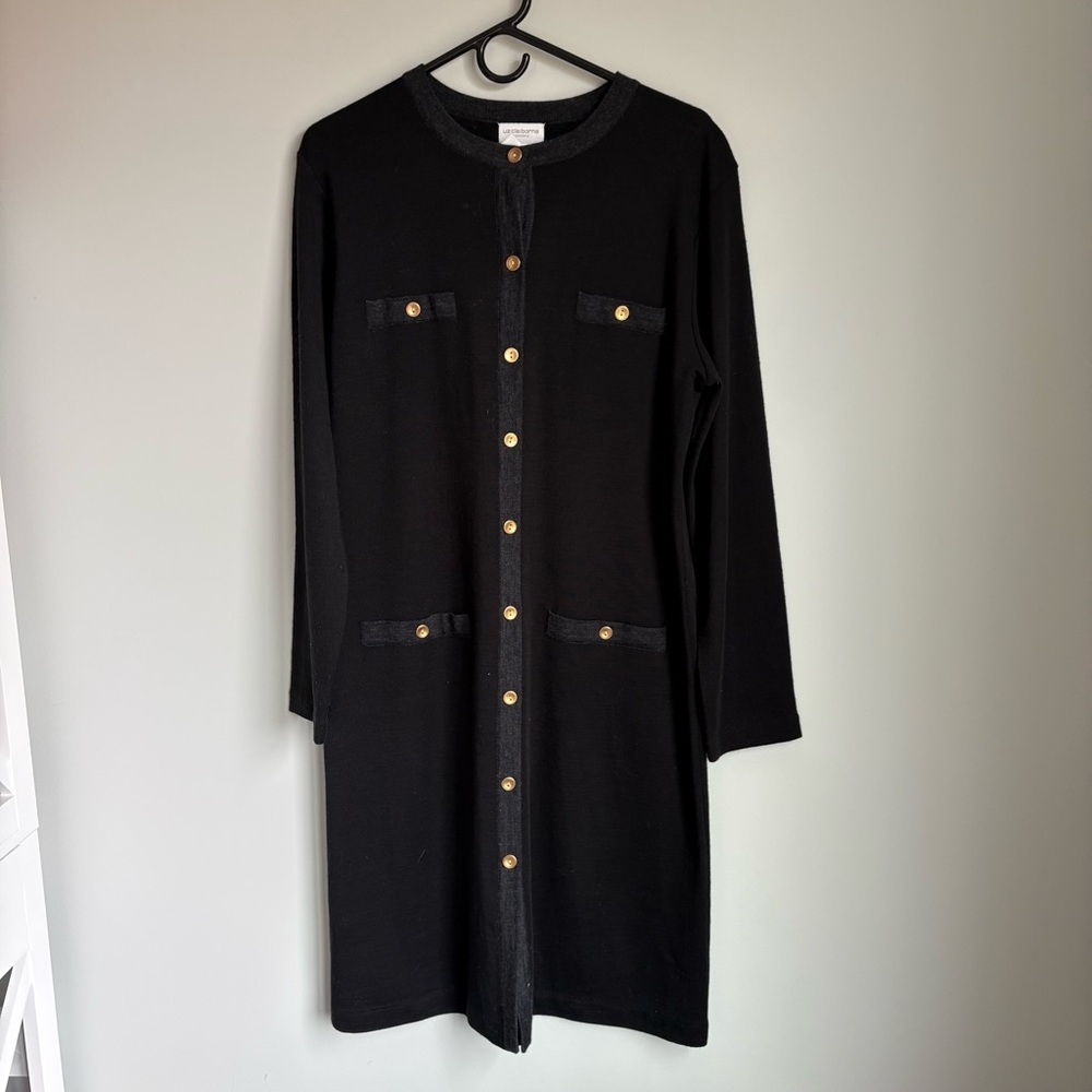 Liz Claiborne Black Long Sleeve Dress with Gold Buttons